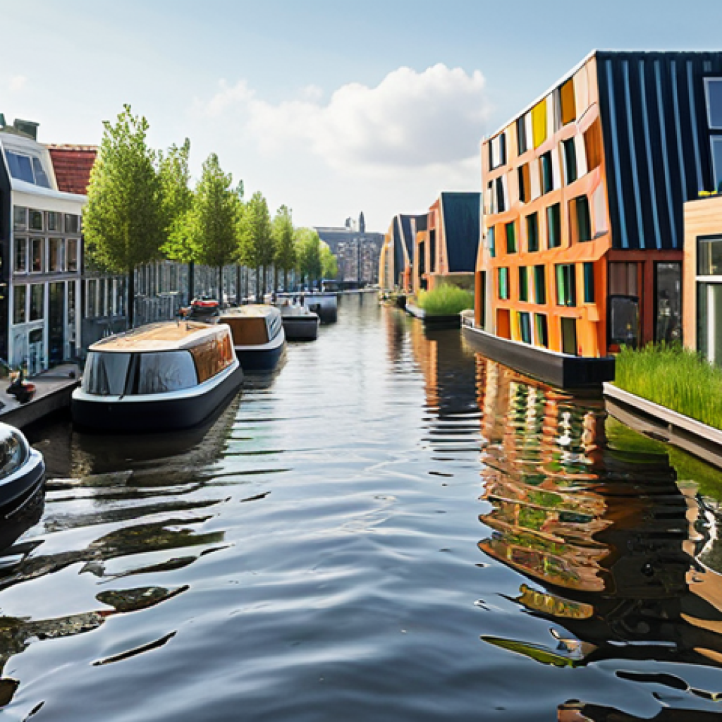 **A vibrant, futuristic scene of floating homes and parks in Amsterdam, Netherlands, seamlessly integrated with canals and waterways. The architecture is modern and sustainable, showcasing green roofs and innovative designs. Sunlight reflects off the water, creating a sense of harmony between urban living and nature. People are enjoying waterfront activities, emphasizing a resilient and adaptable community.**