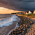 **A shrinking beach in Simrishamn, Sweden, during a stormy sunset. In the background, concerned property owners watch the waves encroach on their houses. Include realistic details of erosion and sea defenses.**