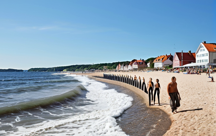 **

"A picturesque coastal town in Skåne, Sweden. Focus on innovative wave breakers protecting the beach, while creating a recreational space. Summer setting, clear skies, happy people enjoying the beach and the new wave breakers."

**