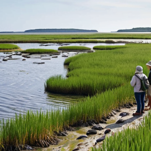 Home 8 **Prompt 1: Blue-Green Resilience**
A breathtaking panoramic view of a vibrant, restored Swedish coastal wetland, reminiscent of the successful projects in Skåne and Bohuslän. Lush green reeds and diverse native vegetation thrive, with clear water subtly absorbing the force of gentle waves in the background, showcasing its natural storm surge protection. In the foreground, a small group of local community members or environmental scientists are actively involved in planting or observing the thriving ecosystem, highlighting hands-on restoration and the return of abundant birdlife and marine species like oysters. The scene evokes a sense of harmony between humans and nature, bathed in soft, natural light, symbolizing hope and resilience against rising sea levels.